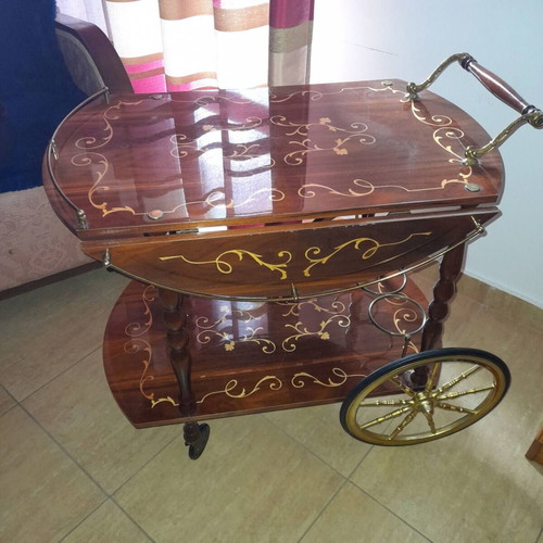 Rolling bar cart like new, wooden with designs and lacquer finish