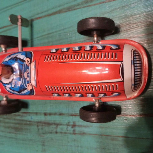 Tin formula car used, wind-up, functional, 17 cm