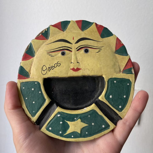 Vintage wooden ashtray Thasos with sun and moon design, used