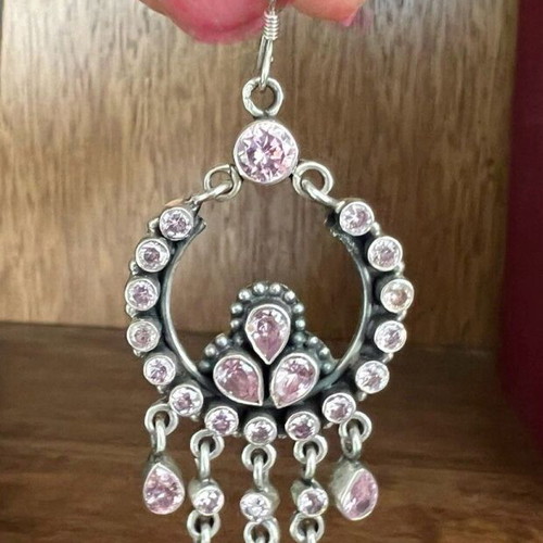 Silver chandelier earrings used with pink semi-precious stones