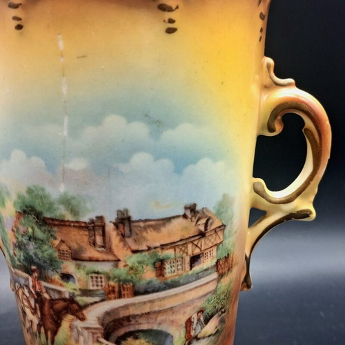 Vintage Porcelain Amphora Vase with Double Handles and Bucolic Scene