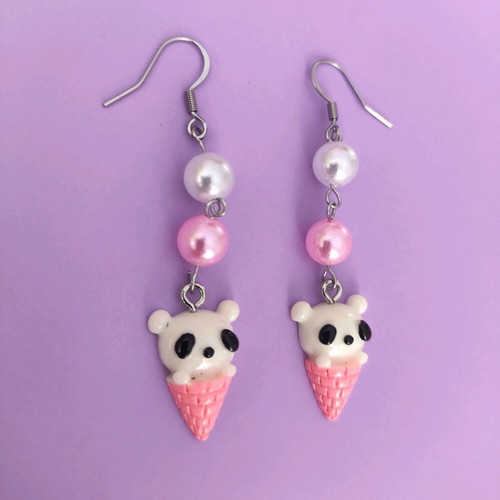 Steel ice cream earrings new, pink with beads