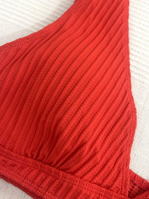 Coral high-waisted bikini with ribbed texture, medium