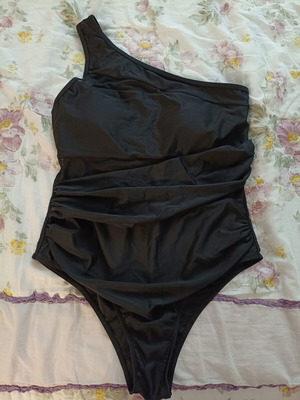 One-shoulder black women's swimsuit XL like new with draped design and mesh details