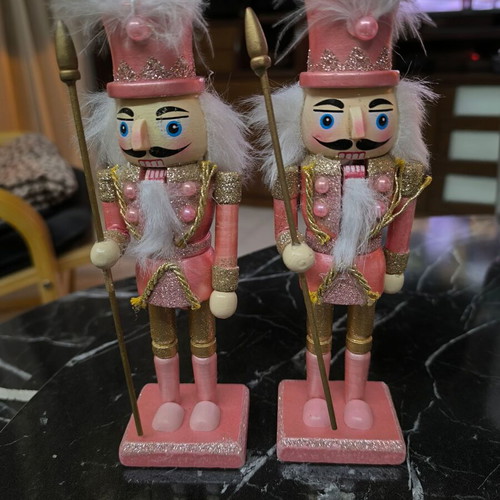Pink wooden Christmas nutcracker set of two new, 17 cm