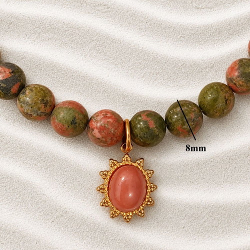 Handmade necklace with unakite stones and cat's eye pendant, stainless chain