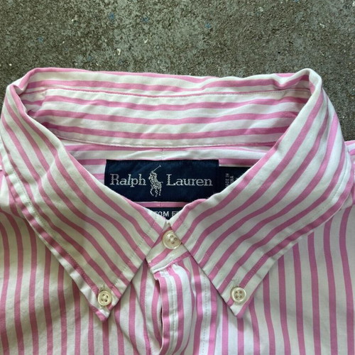 Ralph Lauren Longsleeve Oxford Shirt XL, pink white pinstripe, blue logo