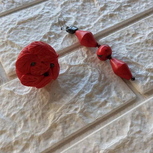 Handmade red polymer clay ring and single earring set