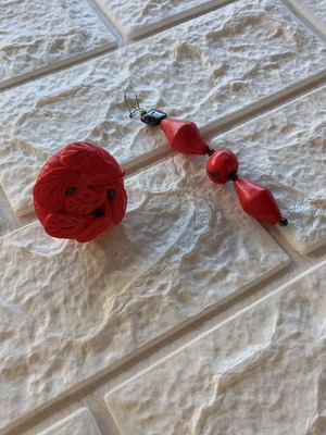 Handmade red polymer clay ring and single earring set