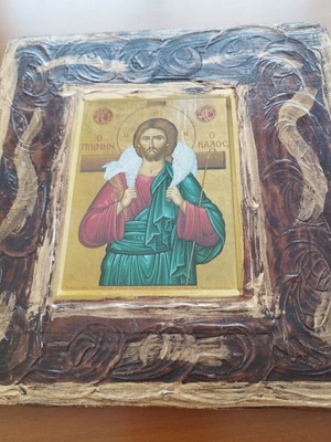 Handmade woodcarved icon The Good Shepherd, like new, solid wood
