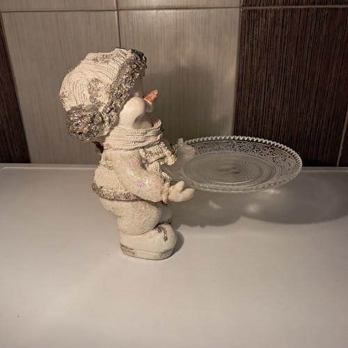 Christmas decoration set with snowman figure and glass serving plate new