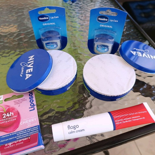 Nivea cream 2 Vaseline Original lip balms 2 Liposan Cherry Shine 1 Flogo cream for burns