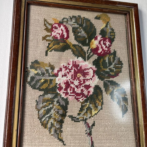 Vintage handmade embroidery wall frame with flowers and wooden frame