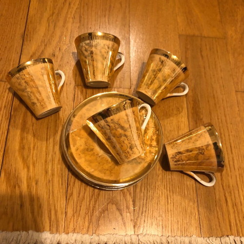 Coffee set used, gold-orange, 5 cups and 6 saucers, antique