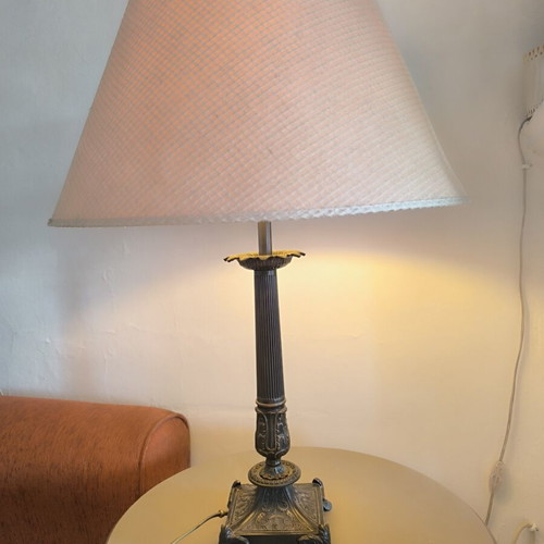 Vintage table lamp with brass and solid metal base, beige shade