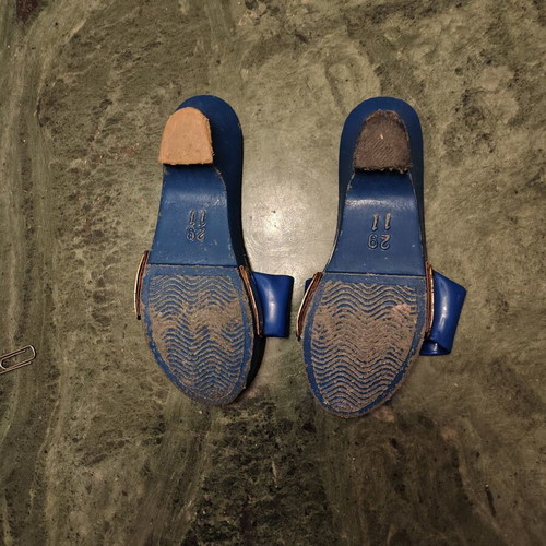 Retro children's wooden clogs used, blue nautical design 1970s