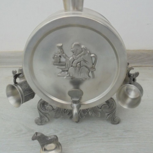 Swedish pewter decanter set with 6 small metal cups, TENN BOLLNÄS