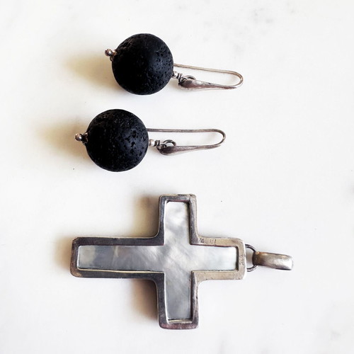 Vintage silver cross and lava stone earrings set with mother of pearl