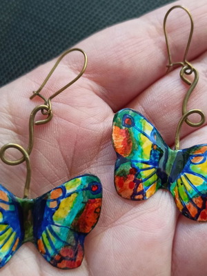 Hanging earrings colorful butterflies made of brass like new