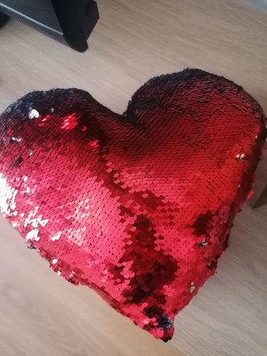 Heart pillow with sequins used, red and silver, 30 cm