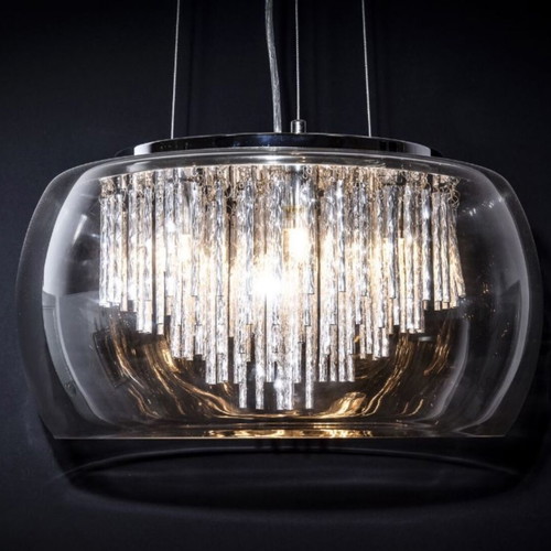 Pendant light with transparent glass shade and decorative rods