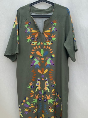 Khaki long kimono dress with African pattern used