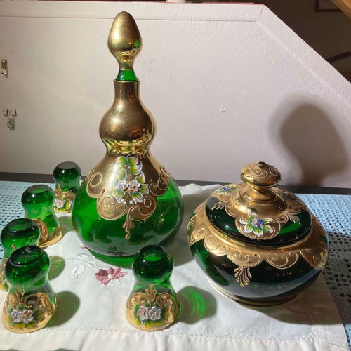 Bohemian style emerald glassware set 1950 like new