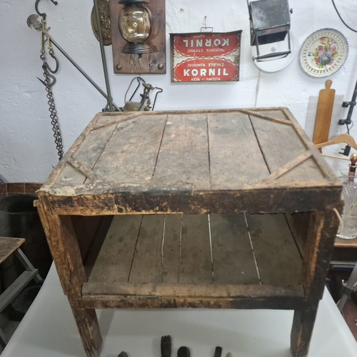Old wooden cobbler bench with 30 tools used, rare museum set