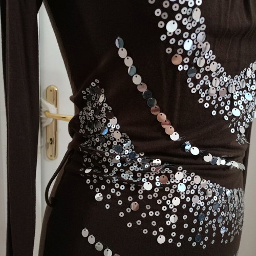 Y2K long-sleeve vintage top with brown and silver sequins, like new, size Small