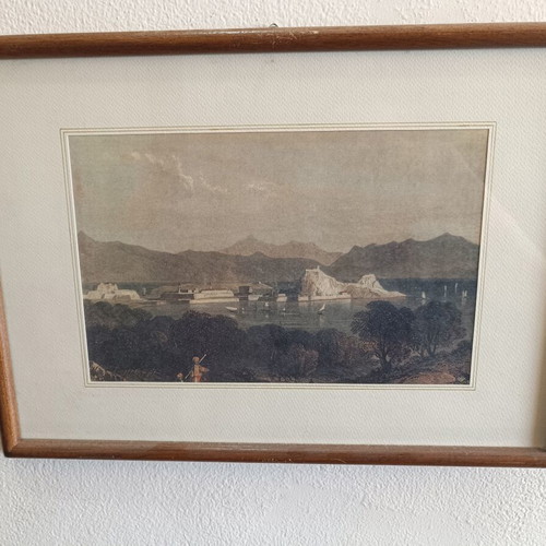 Classic decorative framed art with seaside landscape and fortifications used