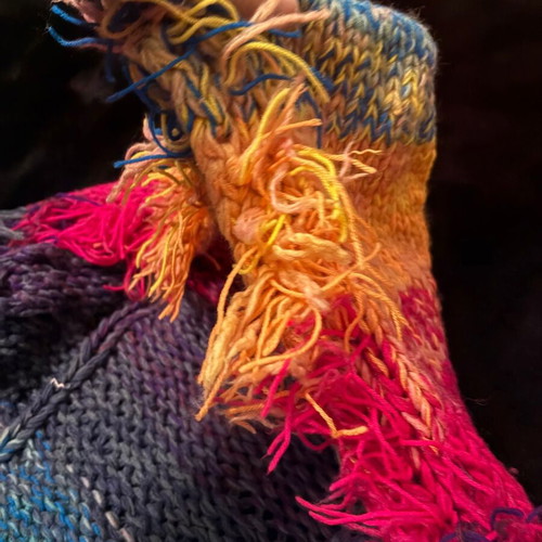 Handmade knitted cardigan rainbow hippie style with hood and fringes