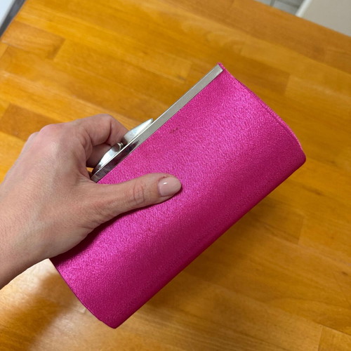 Pink satin evening clutch used 18x10cm with silver frame