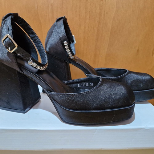 Black satin pumps with rhinestones, medium heel, like new