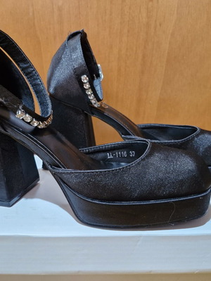 Black satin pumps with rhinestones, medium heel, like new