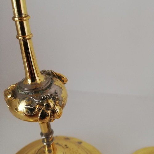 Pair of French dore empire candlesticks used, height 23 cm