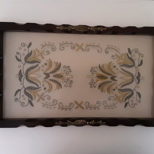 Wooden tray with handmade embroidery used, vintage