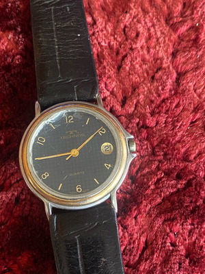Technos men's watch used, black quartz with leather strap