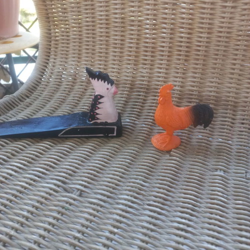 Wooden doorstop hand-painted with bird and rooster figure like new