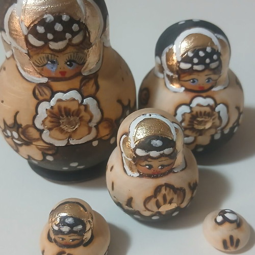 Handmade Wooden Russian Matryoshka Doll Set of 5 with Gold Details
