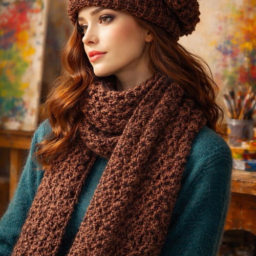 Handmade knitted set scarf, hat and gloves brown