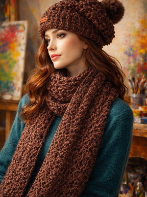 Handmade knitted set scarf, hat and gloves brown