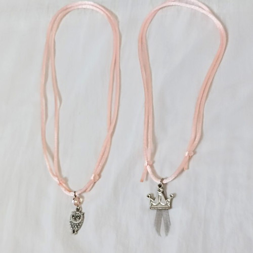 Set of 2 adjustable pink necklaces with silver owl and crown charms
