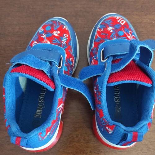 Children's shoes used, size 27, blue and red with dinosaur design