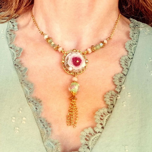Handmade vintage embroidered pendant with green and pink beads, new