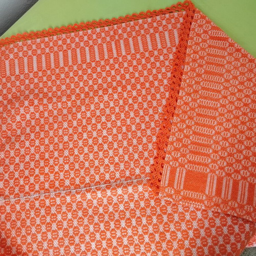 Handwoven caramel blanket with lace, like new