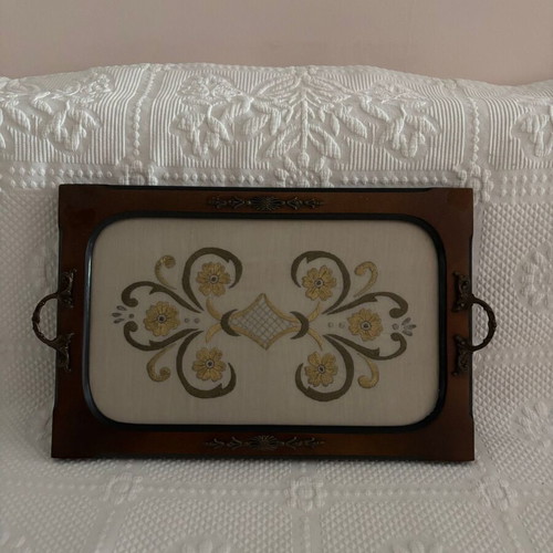Wooden serving tray with embroidery like new