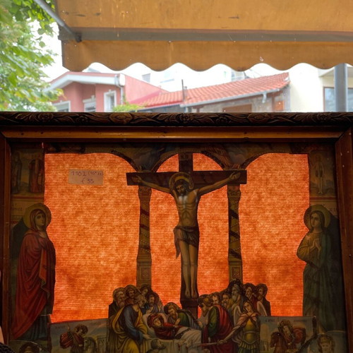 Old handmade religious image used with resurrection and last supper