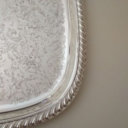 Serving tray used, stainless steel vintage with embossed design 39x28.5 cm