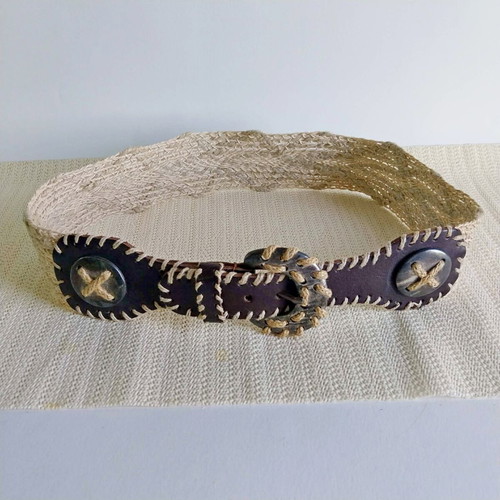 Vintage Dirndl Belt like new, woven jute and dark leather with decorative buckle