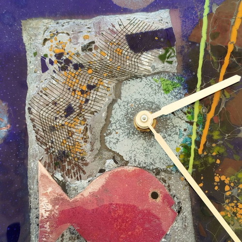 Wall clock handmade with blown glass and fish design, new